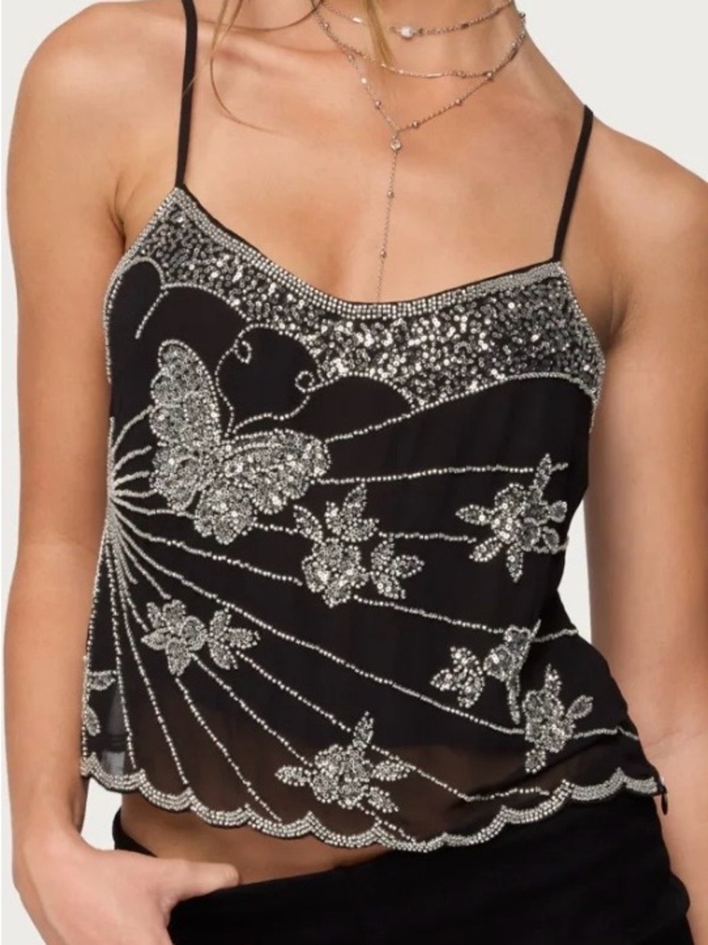 Body Central Vintage 2000s Y2K Butterfly Silver Sequin Silky Black Cami Top